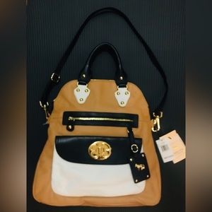 NEW Emma Fox Genuine Leather Tan Black Colorblock Crossover Shoulder Bag